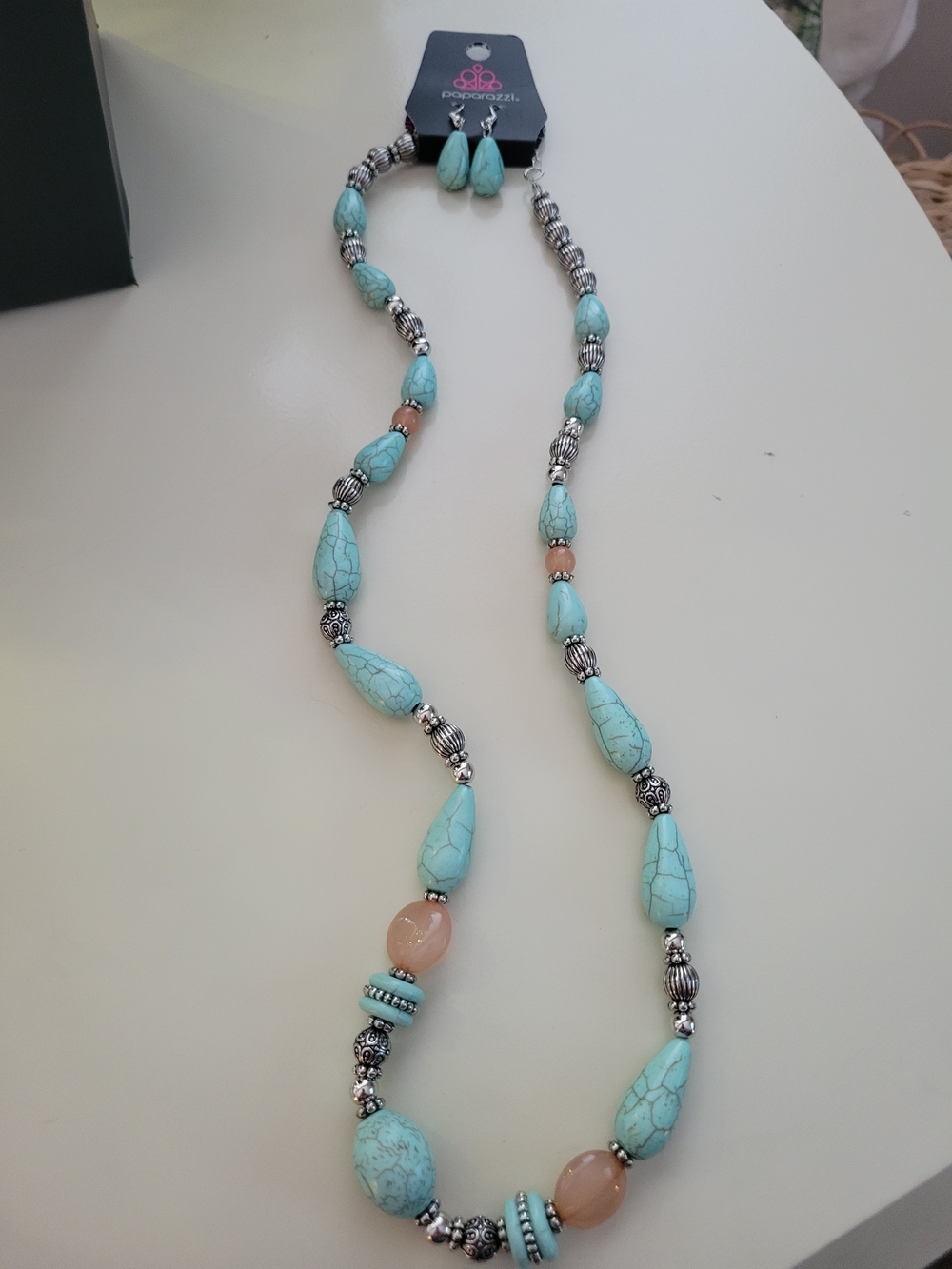 paparazzi Turquoise Beaded Necklace and Bracelet Set with Silver Accents - Picture 2 of 5